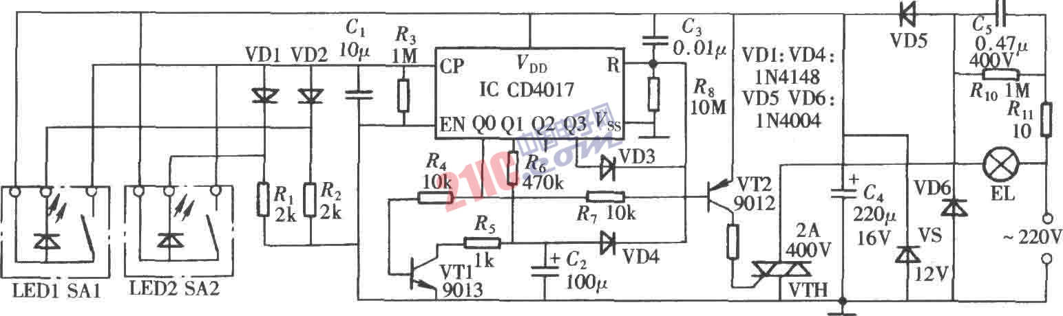  <strong><strong>CD4017</strong></strong>構(gòu)成的延時燈<strong><strong>控制器電路</strong></strong>