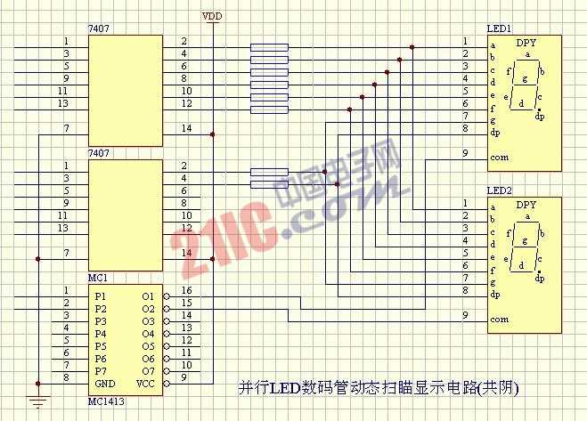 LED-并行LED數(shù)碼管動(dòng)態(tài)掃描顯示電路（共陰）