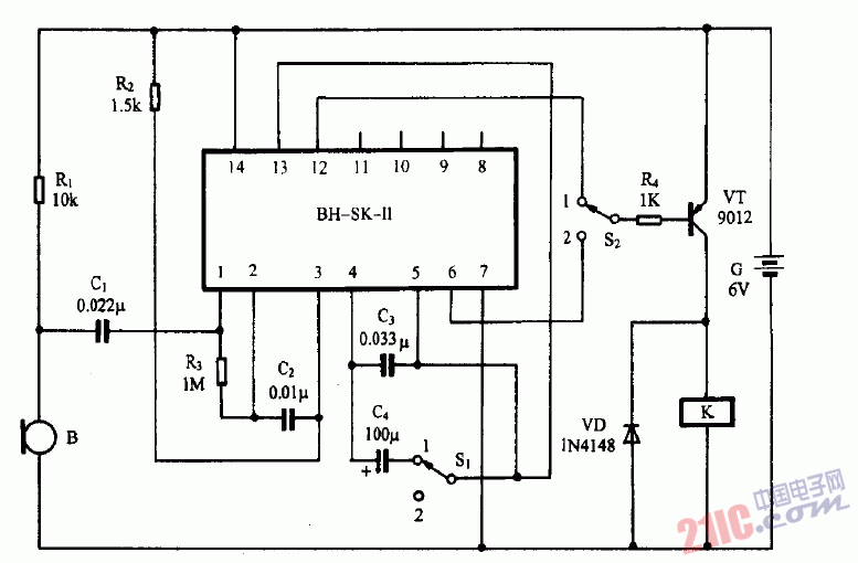 巧用BK-SK-II作雙用<strong>聲控開關</strong>電路圖