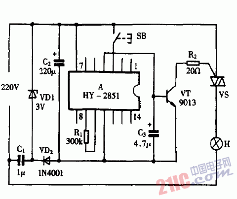 巧用HY2851作自熄<strong>照明燈</strong><strong>電路圖</strong>