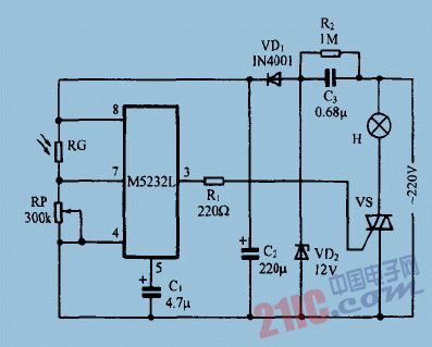 巧用M5232L作<strong>光控</strong>自動<strong>閃爍燈</strong><strong>電路圖</strong>