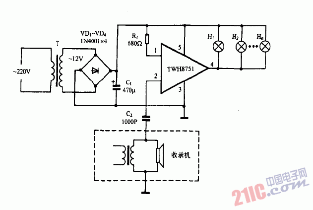 巧用TWH8751作<strong>音樂彩燈</strong><strong>控制器電路圖</strong>