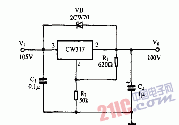 巧用CW317作100V<strong>高電壓</strong>輸出<strong>穩(wěn)壓電源電路</strong>圖