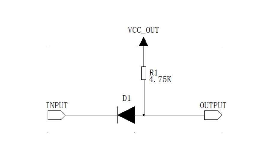 如何轉(zhuǎn)換電平？電平轉(zhuǎn)換實例電路分享！?。? />
</p>
<p>
	圖1 二極管轉(zhuǎn)換電路
</p>
<p>
	適用范圍：輸入信號電平大于輸出信號的轉(zhuǎn)換電路上
</p>
<p>
	優(yōu)點：成本低，使用元件少
</p>
<p>
	缺點：只能單向傳輸，且輸入信號電平大于輸出信號，二極管會產(chǎn)生較大的壓降
</p>
<p>
	此處二極管的選擇盡量選擇低壓降的肖特基二極管，以保證信號傳輸不會因為二極管的壓降過大導(dǎo)致電平讀取出錯。
</p>
<p>
	工作過程分析：
</p>
<p>
	當(dāng) 3.3V 器件輸出高電平信號，由于上拉 5V 作用，信號輸入器件被上拉為 5V 電平。
</p>
<p>
	當(dāng) 3.3V 器件輸出低電平信號，使 OUTPUT 信號被拉低，從而信號輸入器件信號被拉低。
</p>
<p>
	(二)<a href=