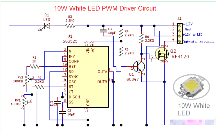 SG3525A的10W白光LED PWM驅(qū)動電路圖