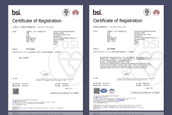 BSI為友盟+頒發(fā)ISO/IEC 27001和ISO/IEC 27018再認(rèn)證證書