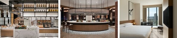 從左至右：西安浐灞喜來登酒店：&More by Sheraton 咖啡吧、橢圓吧（Oval Bar）西安浐灞萬楓酒店：萬楓大床房