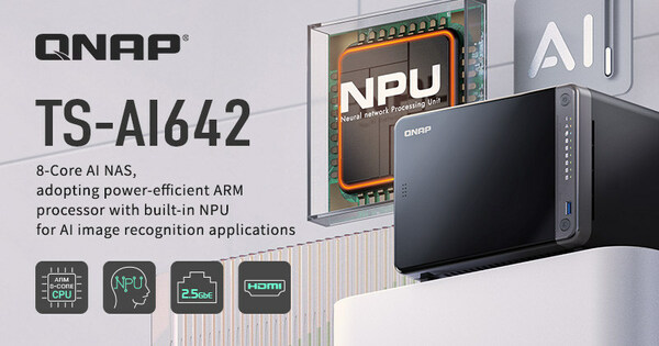 QNAP 新一代 AI NAS TS-AI642，搭載 ARM 八核心處理器與運算性能可達 6 TOPS 的神經(jīng)運算單元 (NPU)，讓中小企業(yè)以更精省的預算，輕松部署入門 AI 影像存儲與智能 Surveillance NAS 方案。